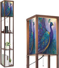 Floor Lamp with Shelves Modern Stained Glass Peacock Art Teal Gold Feathers Standing Tall Lamp USB Ports & Power Outlet Modern Corner Lamp Nightstand Light for Living Room Bedroom