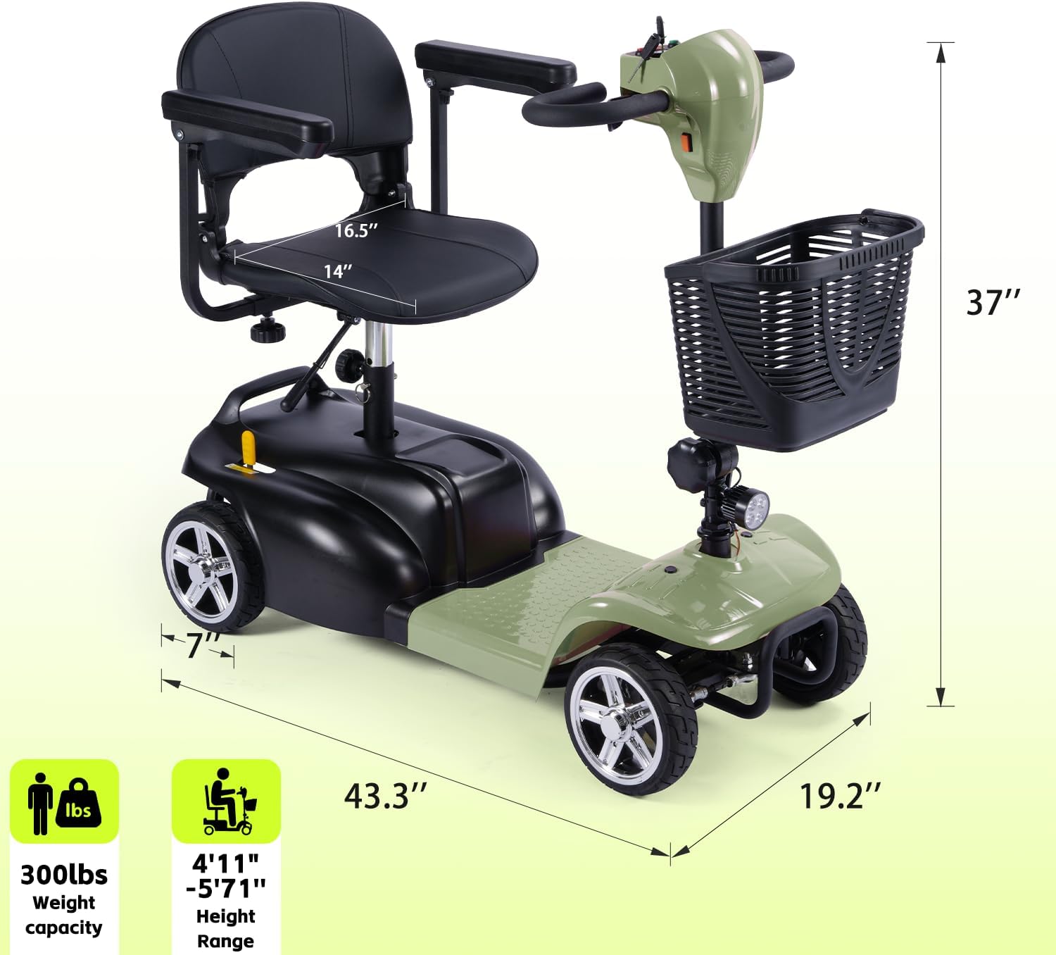 SAYYEAH 4 Wheels Mobility Scooter for Adults&Seniors, Max Speed:6mph, Mobility Scooter for Travel, with LED Headlights and Basket, Charger Included, (Purple/red/Blue/Silver) (Green)
