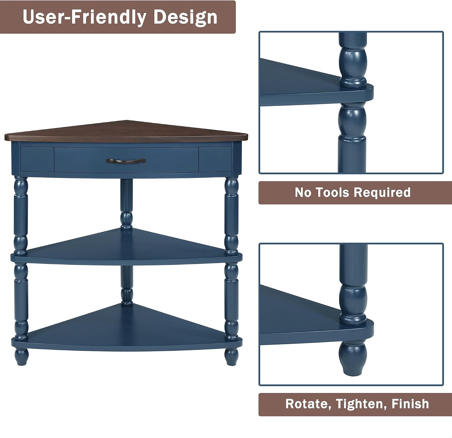 GDFStudio Trmxmbi 3 Tier Corner Console Table with 1 Storage Drawers and Shelves, 33.8'' Rustic Wood Triangle Sofa End Table for Small Spaces, Solid Wood Legs, Navy Blue and Espresso Top