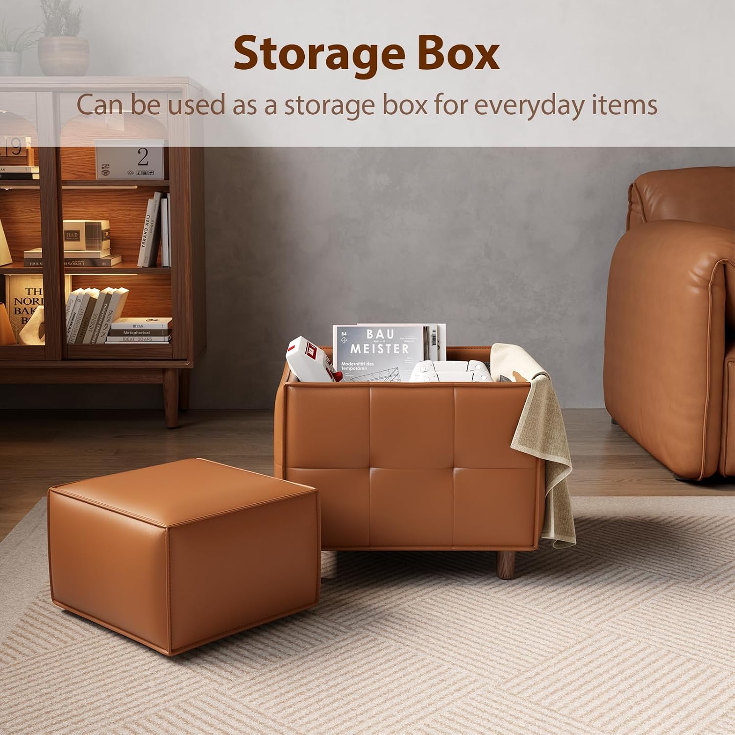 Square Ottoman with Storage Set of 2, Leather Coffee Table Ottoman, Multifunctional Foot Rest Stool with Storage for Living Room & Bedroom