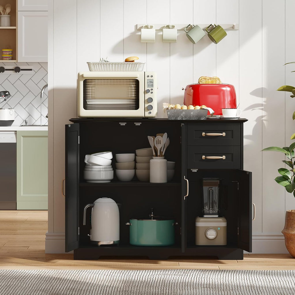 Giantex Sideboard Buffet Cabinet, Modern Sideboard Cabinet with 2 Drawers, 3 Doors & Adjustable Shelf, Wooden Coffee Station, 40'' Storage Buffet Table for Kitchen, Living Room, Entryway, Black