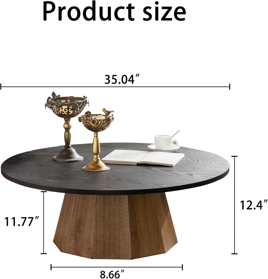 GDFStudio Mid Century Modern Round Coffee Table, Tree Design Circle Coffee Table for Living Room Office Apartment, Small Tea Tables with Pedestal, Easy Assembly Indoor Side Tables, Black+Wood 12.4' H