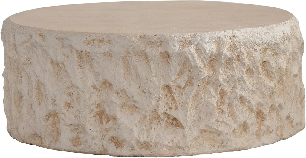 WILLIAMSPACE 31.5' Round Coffee Table Magnesium Oxide Centre Table, Mid-Century Modern Faux Stone Tea Table for Living Room Apartment, No Need Assembly - Amber, Beige