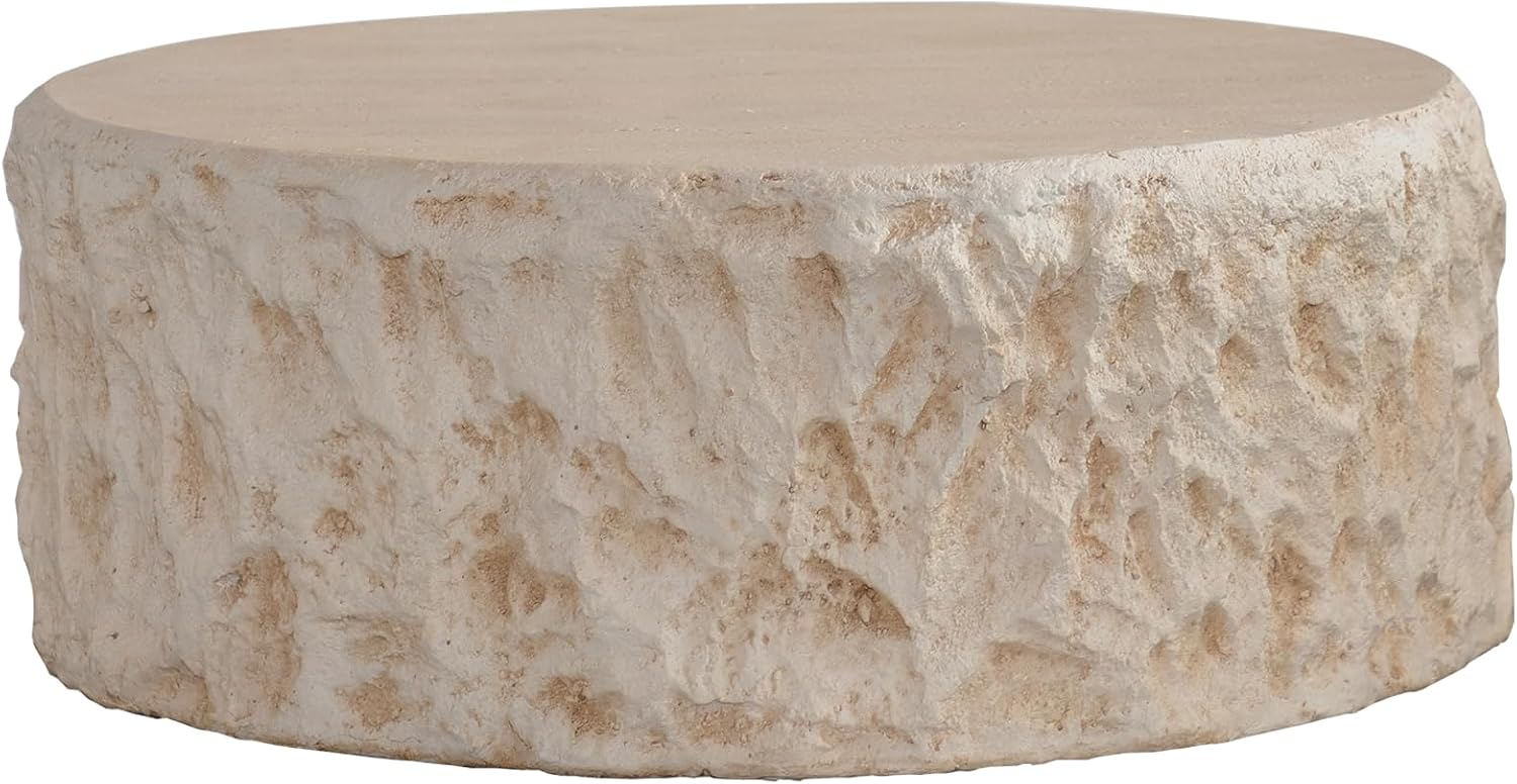 WILLIAMSPACE 31.5' Round Coffee Table Magnesium Oxide Centre Table, Mid-Century Modern Faux Stone Tea Table for Living Room Apartment, No Need Assembly - Amber, Beige