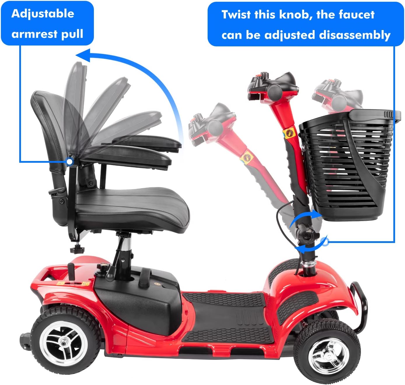 4 Wheel Mobility Scooter, Electric Power Mobile Wheelchair for Seniors Adult with Lights- Collapsible and Compact Duty Travel Scooter w/Basket Extended Battery Red Light Red