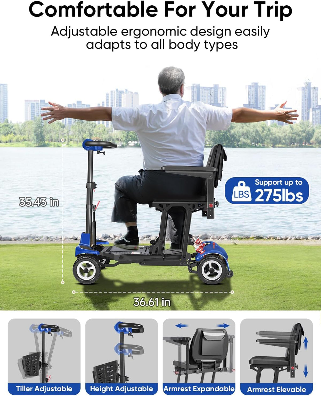 Folding Mobility Scooters for Seniors & Adults - 37.5lbs Lightweight Portable Travel Electric Scooter, Airport & Cruise Approved, All Terrain 4-Wheel Motorized Scooter, 275 lbs Capacity, Blue