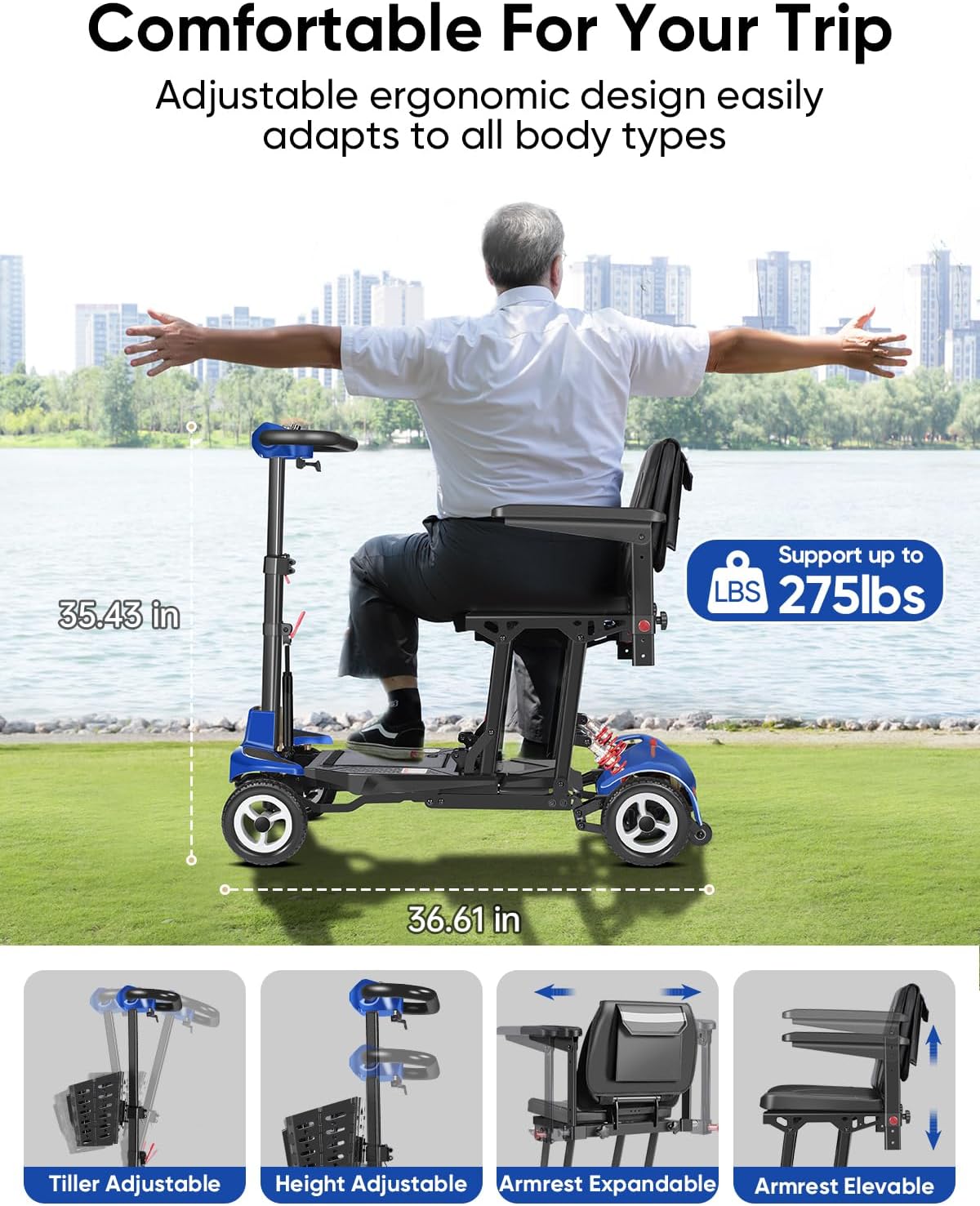Folding Mobility Scooters for Seniors & Adults - 37.5lbs Lightweight Portable Travel Electric Scooter, Airport & Cruise Approved, All Terrain 4-Wheel Motorized Scooter, 275 lbs Capacity, Blue