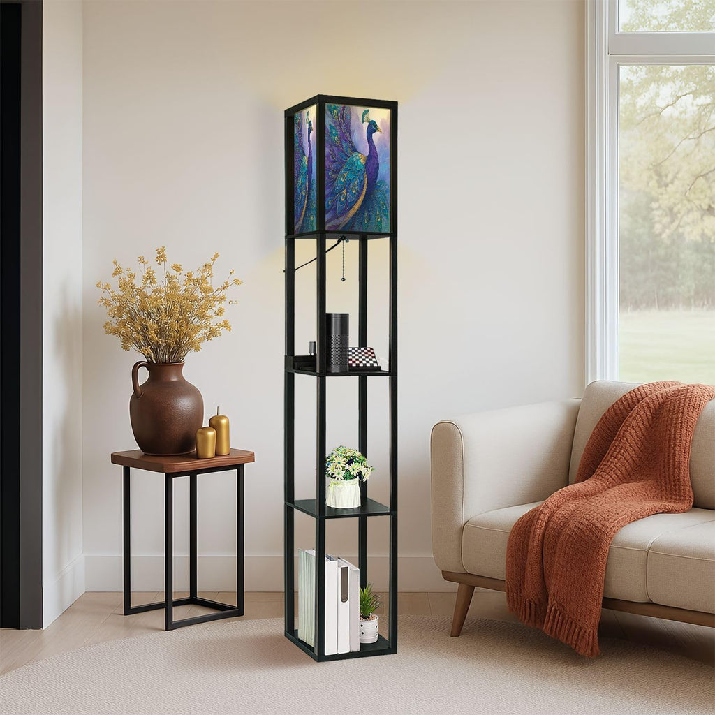 Floor Lamp with Shelves Modern Stained Glass Peacock Art Teal Gold Feathers Standing Tall Lamp USB Ports & Power Outlet Modern Corner Lamp Nightstand Light for Living Room Bedroom