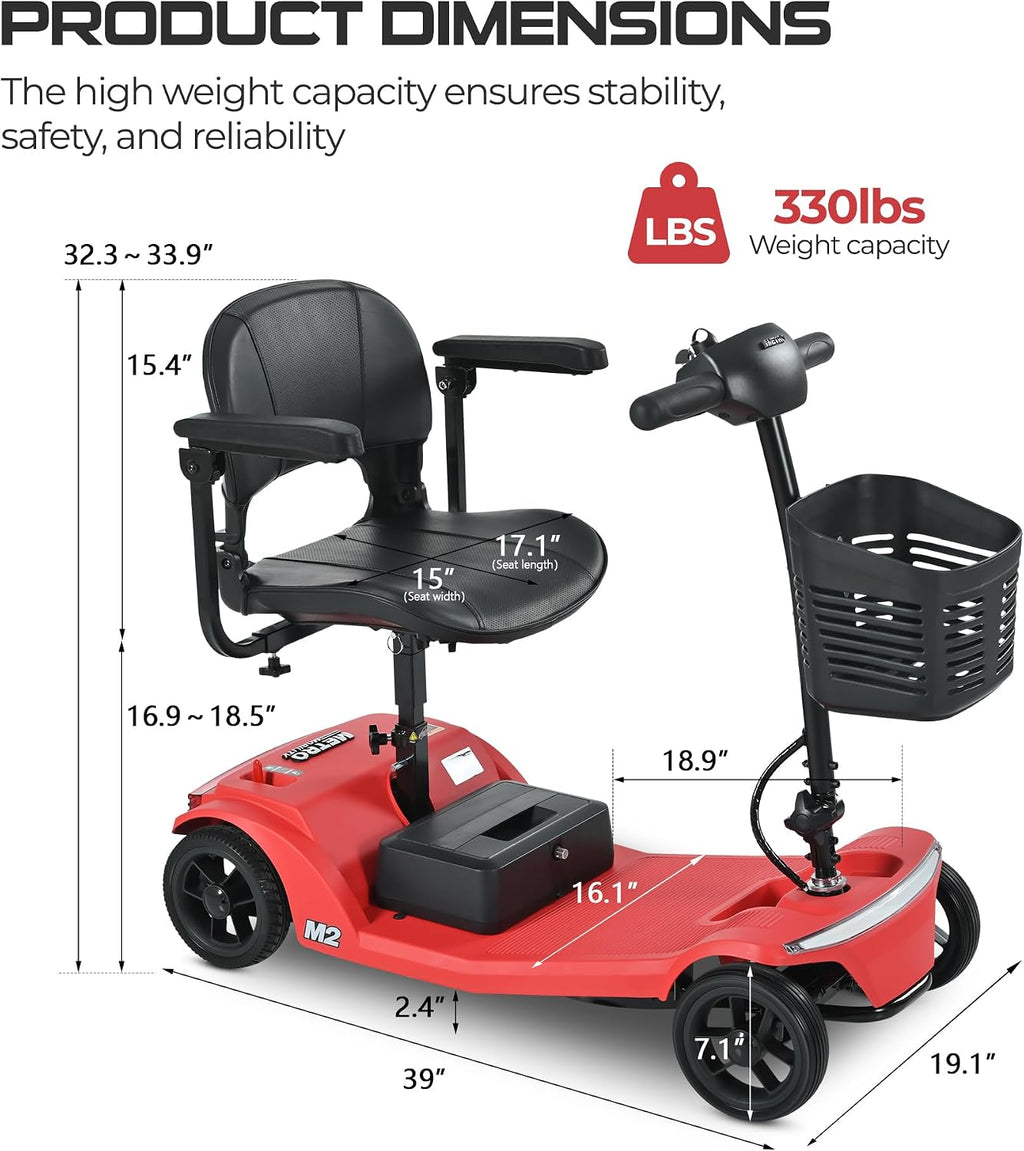 Mobility Scooters for Seniors & Adults 350 Lb Weight Foldable,All-Terrain 4-Wheel Powered Scooter,Lightweight Foldable Disability Electric Wheelchair,Front Rear Led Lights with Basket,red
