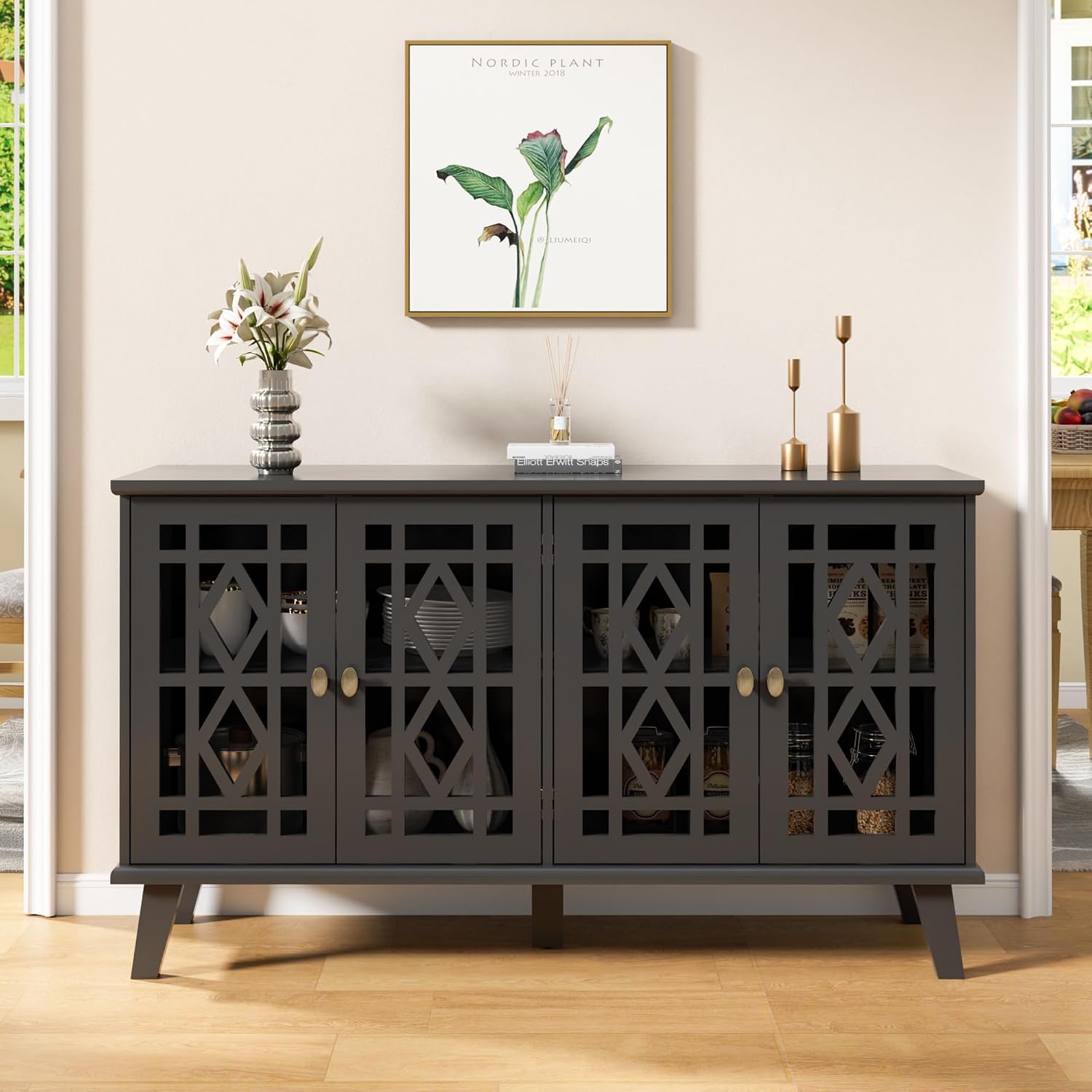 Scurrty 52' Buffet Cabinet with Storage,Sideboard with 4 Doors, Skeletonized Coffee Bar with Storage, Sideboard Cabinet for Dinning Room, Kitchen & Living Room (Black)