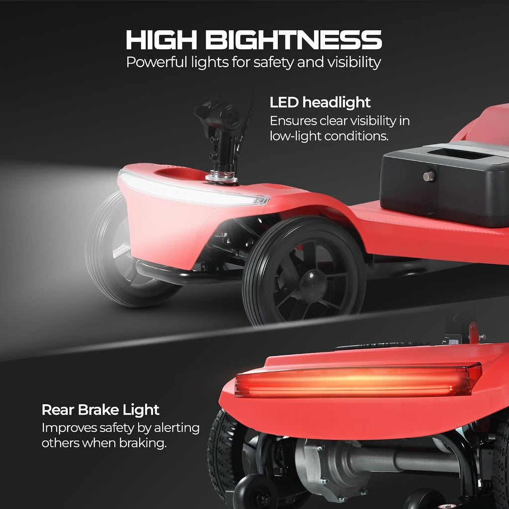 Mobility Scooters for Seniors & Adults 350 Lb Weight Foldable,All-Terrain 4-Wheel Powered Scooter,Lightweight Foldable Disability Electric Wheelchair,Front Rear Led Lights with Basket,red