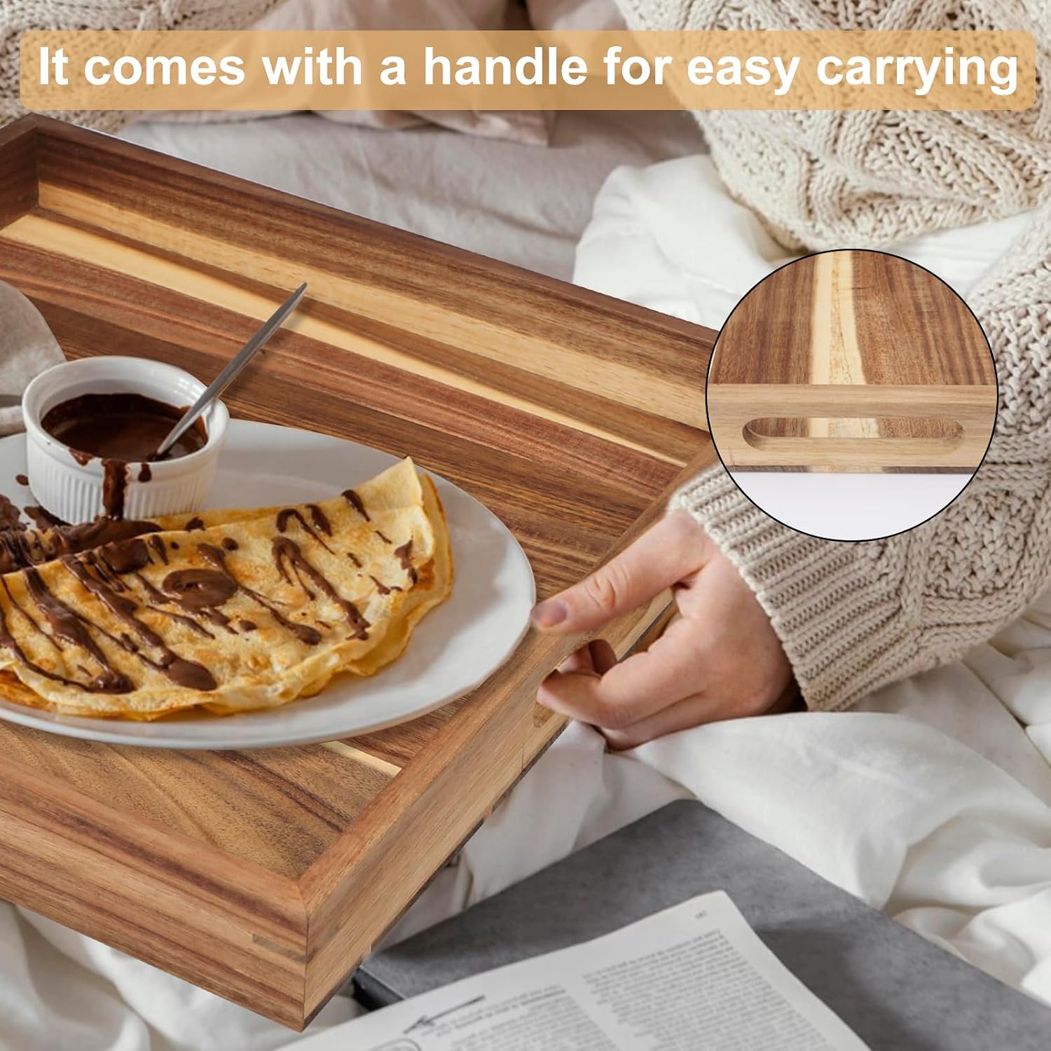 30'' Extra Large Square Wood Tray - Acacia Wood Ottoman Tray with Handles, Rustic Serving Tray for Living Room, Kitchen and Coffee Table, Wooden Trays for Ottoman,Ottoman Table Topper