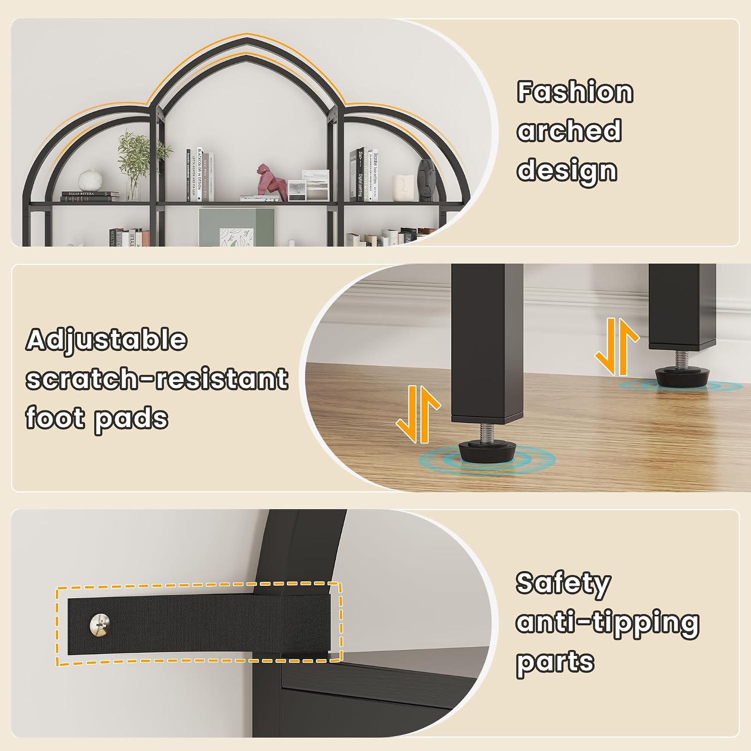 85.8' Tall Arched Bookshelf with Door, 5-Tier Etagere Bookcase with Storage Cabinet Shelf, Triple Wide Industrial Bookshelf, Free Standing Display Shelf for Living Room Home Office, Black