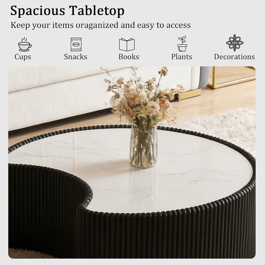Black Round Coffee Table with Sintered Stone Tabletop, 29.53' Drum Coffee Table with Fluted PU Leather Covered and Stable Base, Circle Cocktail Tea Table for Living Room