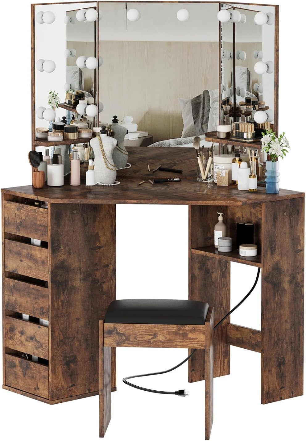 Corner Vanity Desk with Mirror and Led Lights - Makeup Table with 5 Drawers, Shelves, and Vanity Stool - Perfect for Bedroom or Bathroom, Brown