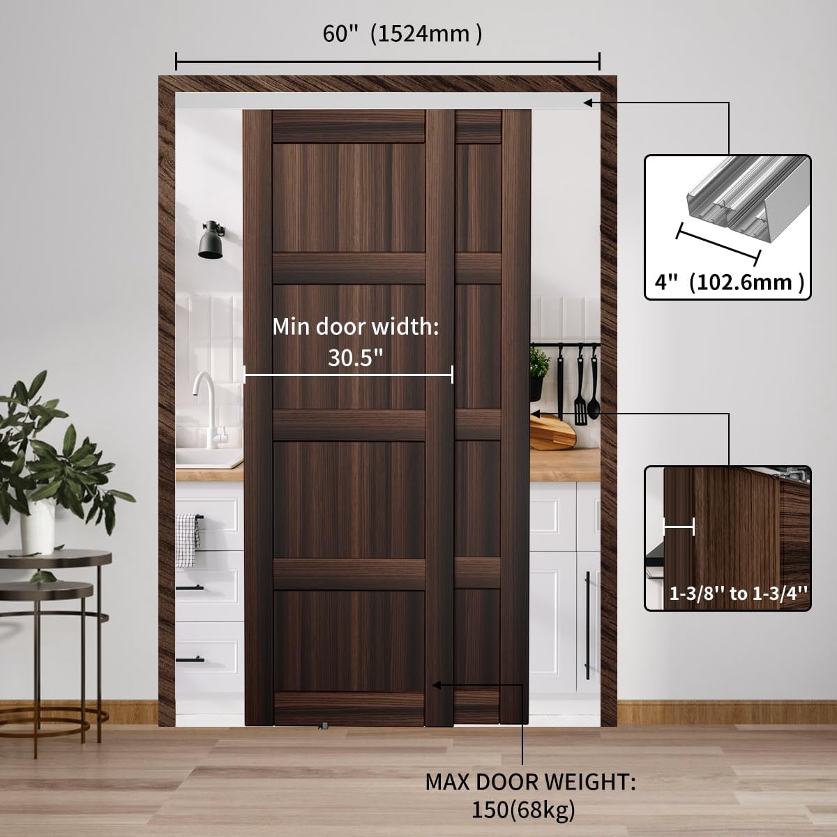 Heavy Duty Bypass Sliding Closet Door Track Hardware 60', 5FT Aluminium Pocket Door Track Rail Set, Smoothly and Quietly, for 2 Door System