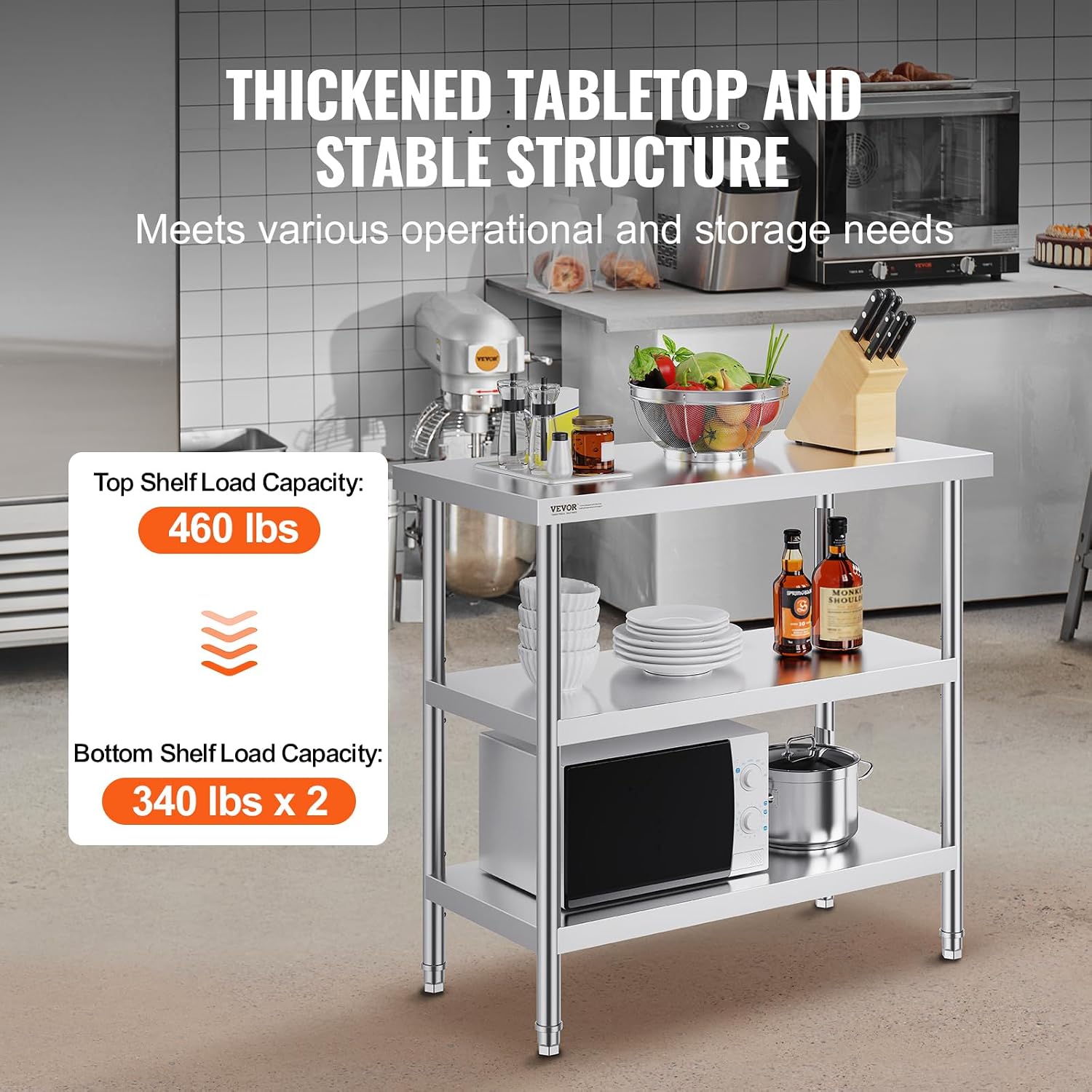VEVOR Stainless Steel Food Prep Table, 18 x 36 x 34 Inch Commercial Kitchen Worktable, with 2 Adjustable Undershelf, Heavy Duty Prep Metal Work Table for BBQ, Kitchen, Home, and Garage