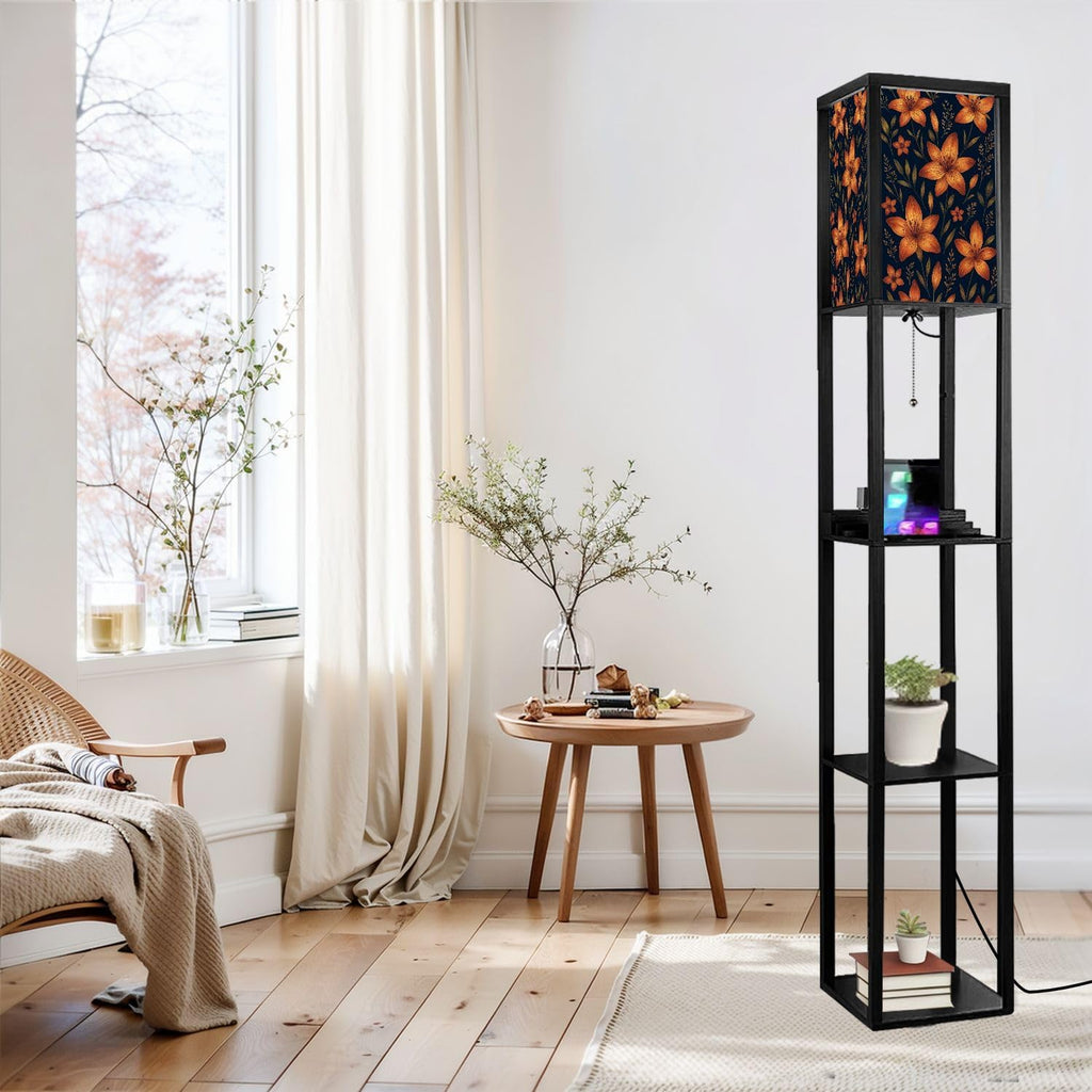 Floor Lamp with Shelves Watercolor Made Tiger Lilies Wild Herbs Standing Tall Lamp USB Ports & Power Outlet Modern Corner Lamp Nightstand Light for Living Room Bedroom