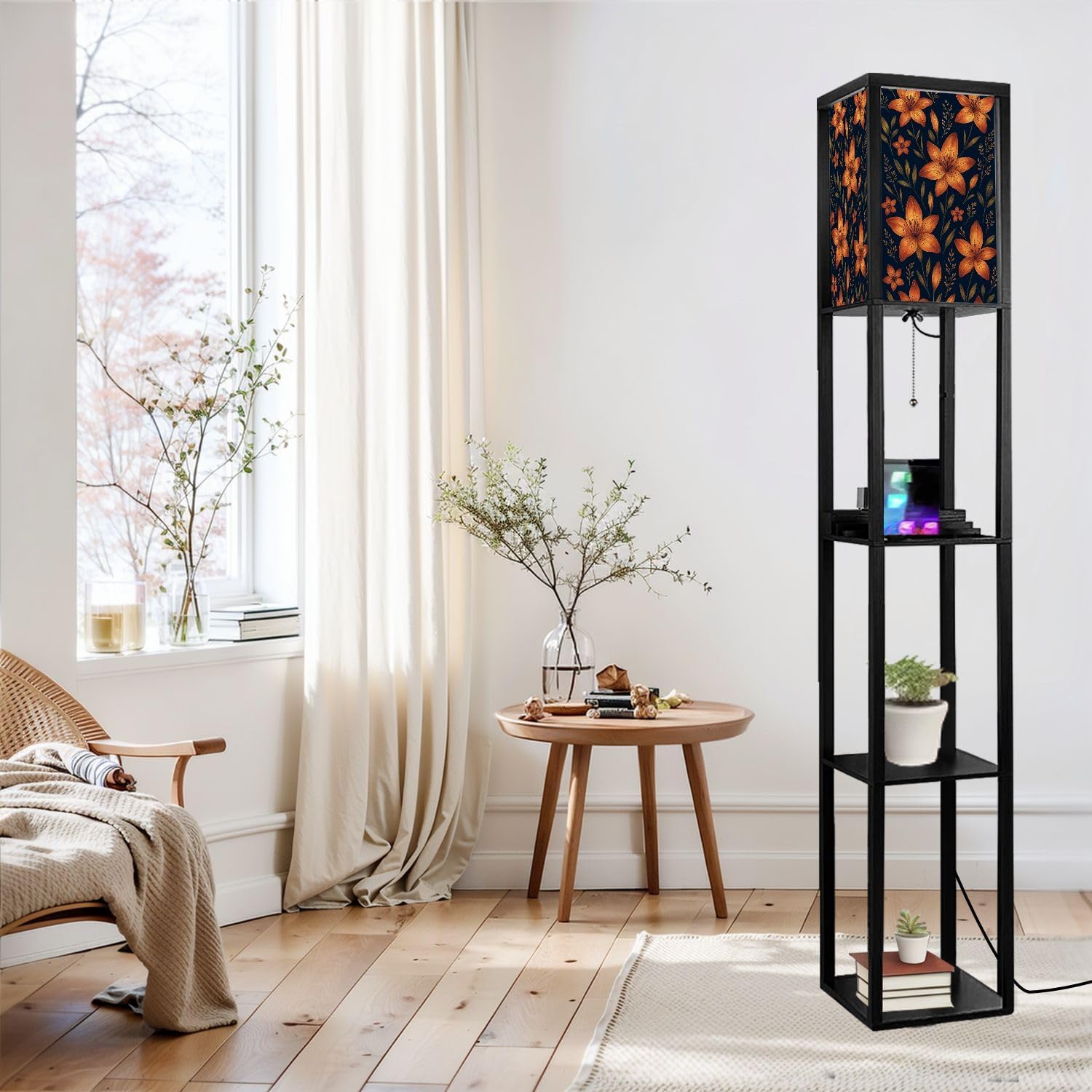 Floor Lamp with Shelves Watercolor Made Tiger Lilies Wild Herbs Standing Tall Lamp USB Ports & Power Outlet Modern Corner Lamp Nightstand Light for Living Room Bedroom