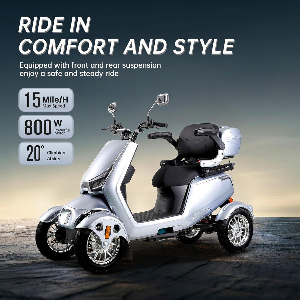 Mobility Scooters for Seniors & Adults 400 Lb Weight Foldable,All-Terrain 4-Wheel Heavy Duty Portable Scooter,Disability Mobile Electric Wheelchair,Luxury Seat and Front Rear Led Lights,Silver
