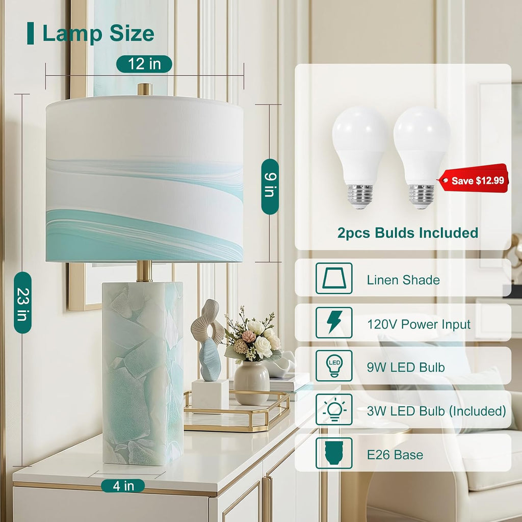 Scenekoy 23' Alabaster Table Lamp Set of 2 with Night Light for Bedroom Living Room, Rotary Switch, Blue Table Lamp with Linen Shade, Modern Nightstand Lamps for Room Bedside Bedroom (Bulb Included)
