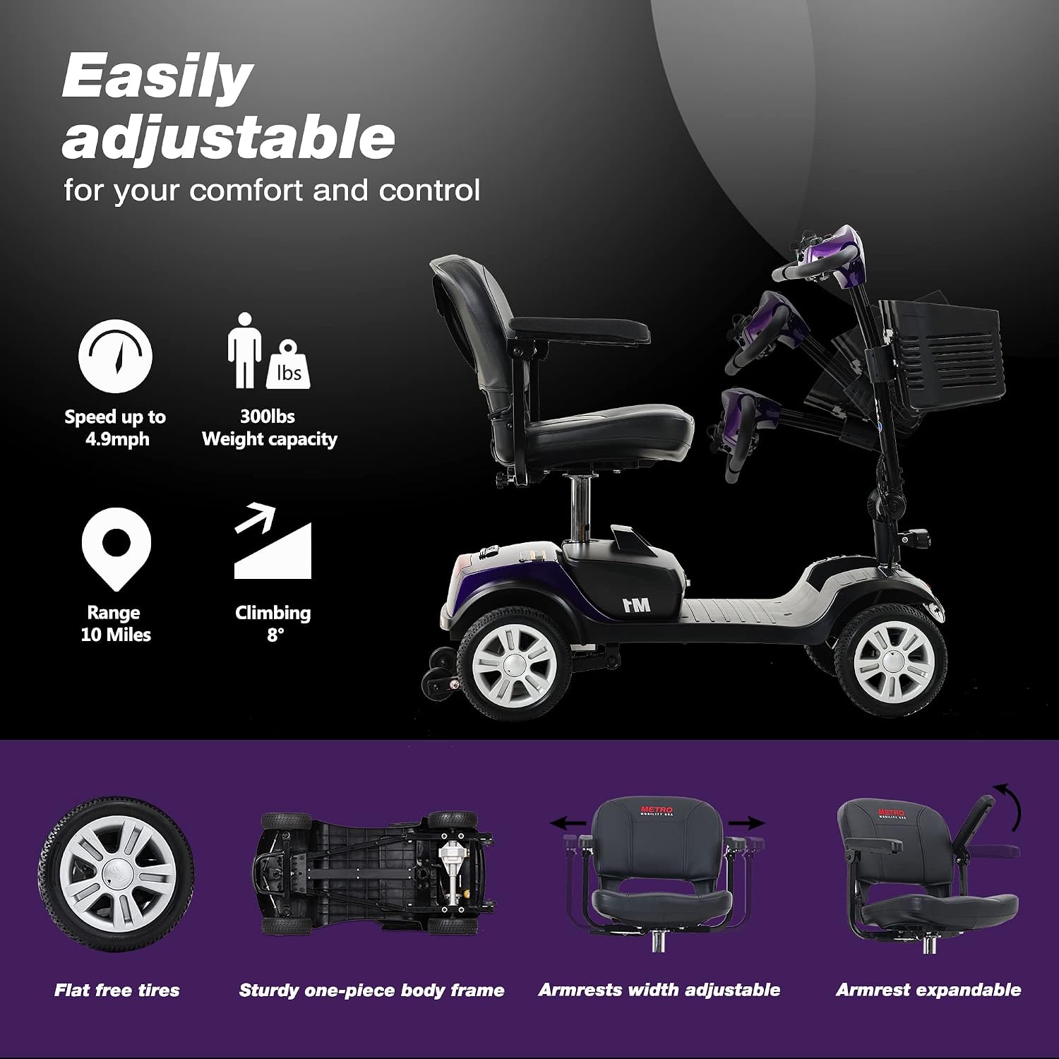 4 Wheel Metro Mobility Scooter for Adults-Motorized Scooter for Seniors-300 lbs Max Weight Capacity-Long Range and Removable Battery-300W Powerful Motor-M1 Purple