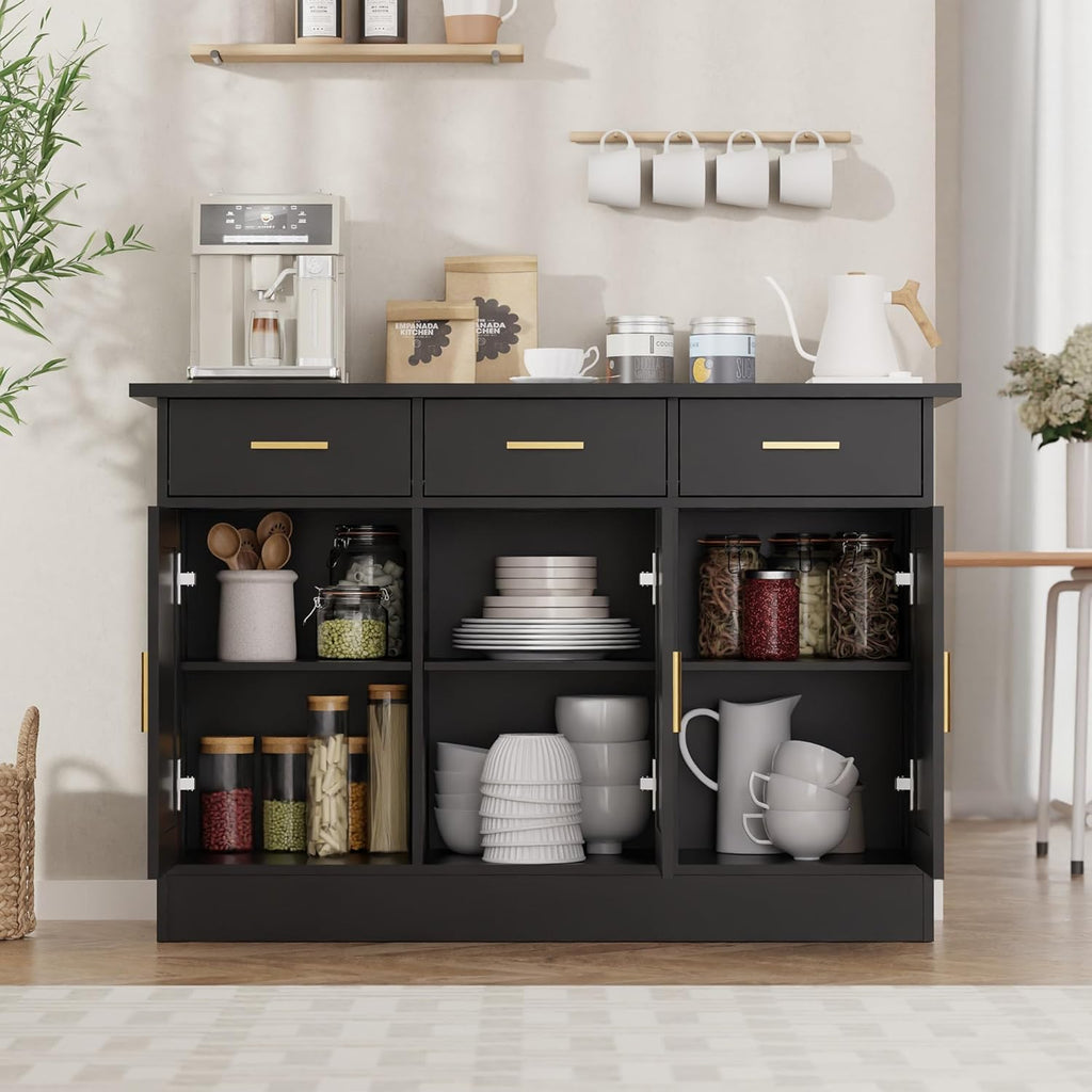 Buffet Cabinet with Storage - Buffets & Sideboards Kitchen Storage Cabinet, Wood Console Table Coffee Bar Accent Cabinets for Living Room Dining Room Entryway Large 3 Doors & Drawers, Black 47.2'W