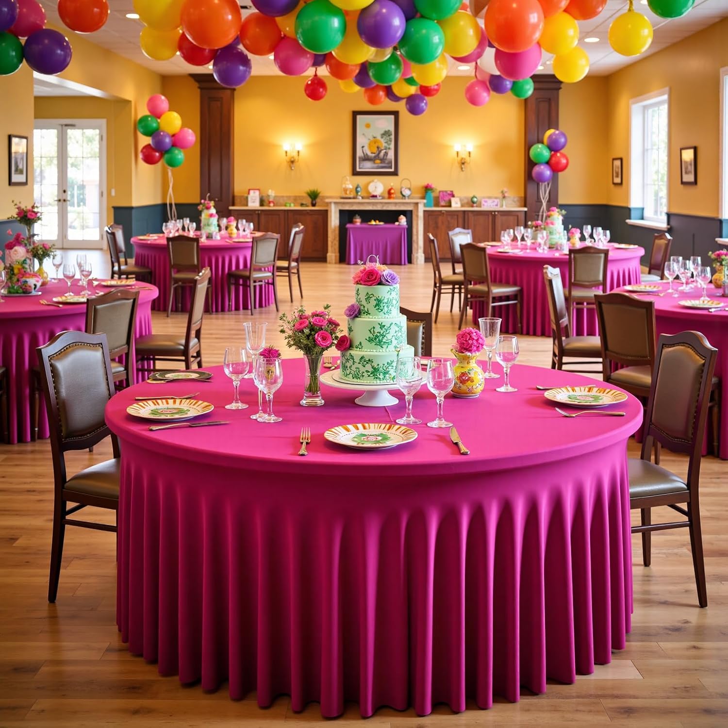 leegleri 6 Pack 72inch Spandex Hot Pink Round Tablecloth, Stretchy 132inch Fitted 6FT Round Table Cloths, Wrinkle Free Table Cover with Skirt for Wedding Birthday Party Bridal Shower Banquet