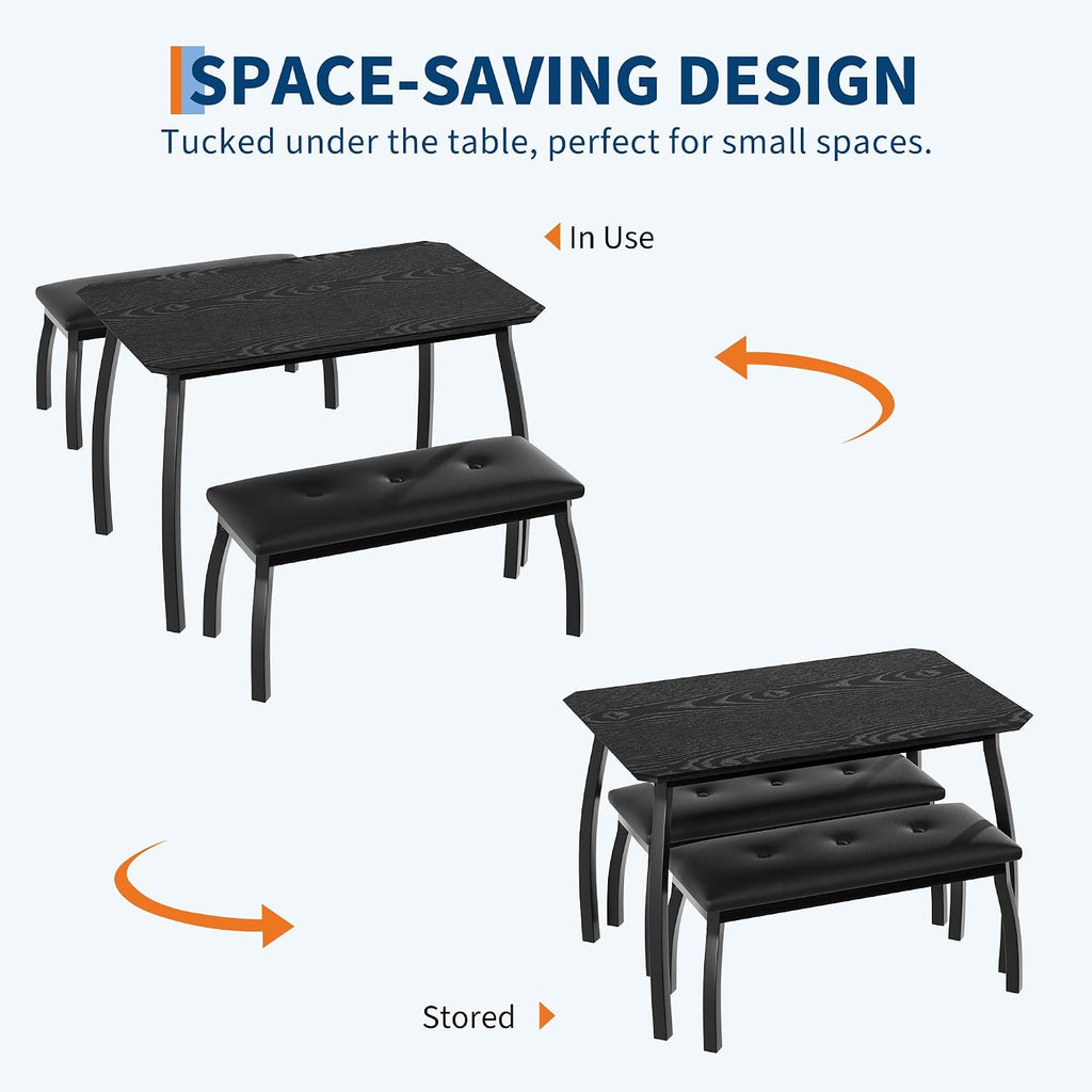 Dining Table for 4, 3-Piece Kitchen Table Set for 4 with Wooden Tabletop and Metal Frame, Industrial Kitchen Table with 2 PU Leather Benches for Bar, Dining Room, Restaurant(43''x28''x30''), Black