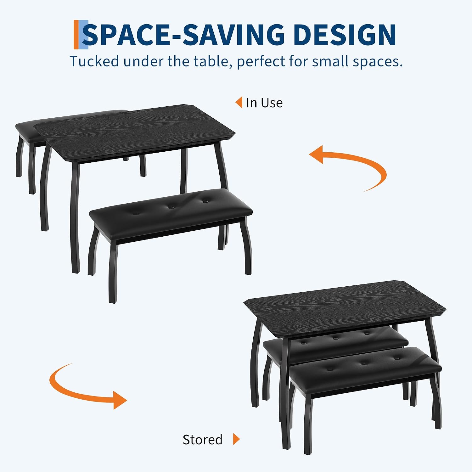 Dining Table for 4, 3-Piece Kitchen Table Set for 4 with Wooden Tabletop and Metal Frame, Industrial Kitchen Table with 2 PU Leather Benches for Bar, Dining Room, Restaurant(43''x28''x30''), Black