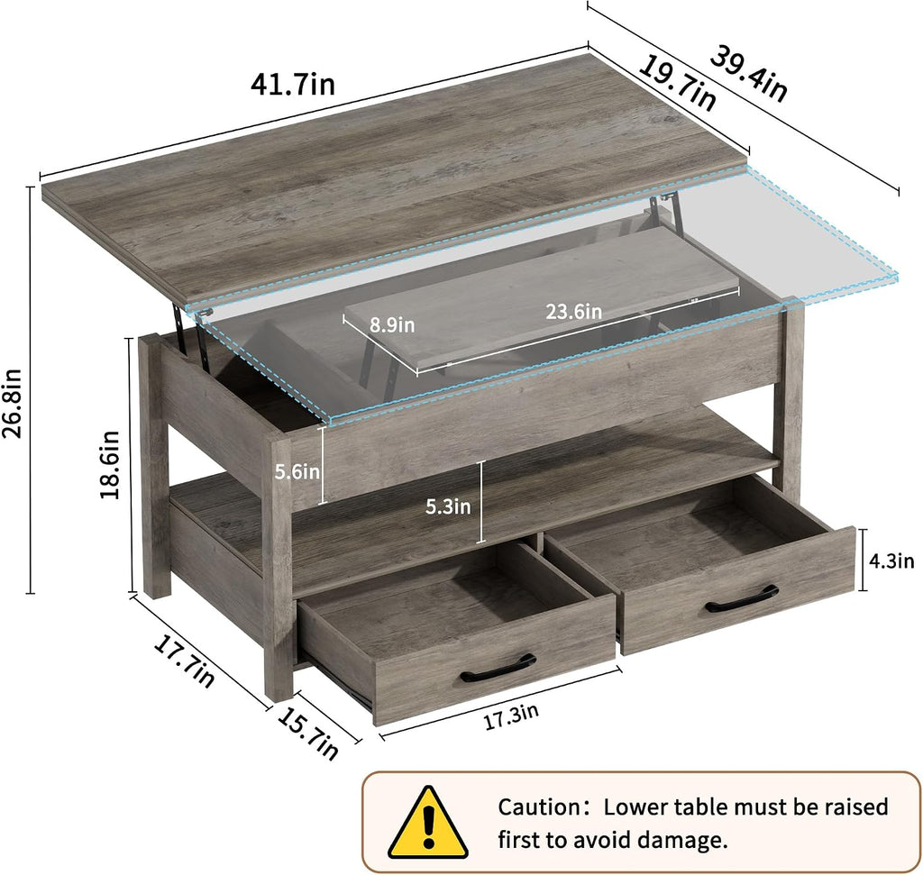 SYESWAY 42'' Lift Top Coffee Table, 4-in-1 Multifunctional Lift Coffee Table with Storage & Hidden Compartments, Farmhouse Coffe Table with Lifting top for Living Room, Dining Reception Room, Grey