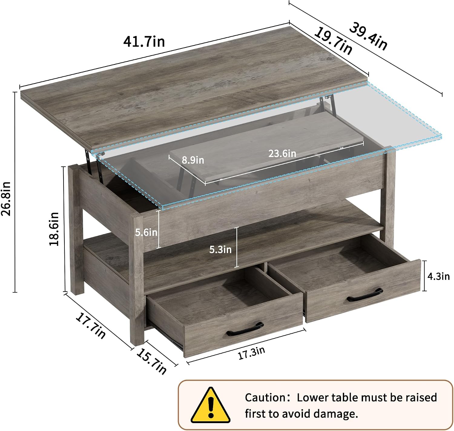 SYESWAY 42'' Lift Top Coffee Table, 4-in-1 Multifunctional Lift Coffee Table with Storage & Hidden Compartments, Farmhouse Coffe Table with Lifting top for Living Room, Dining Reception Room, Grey