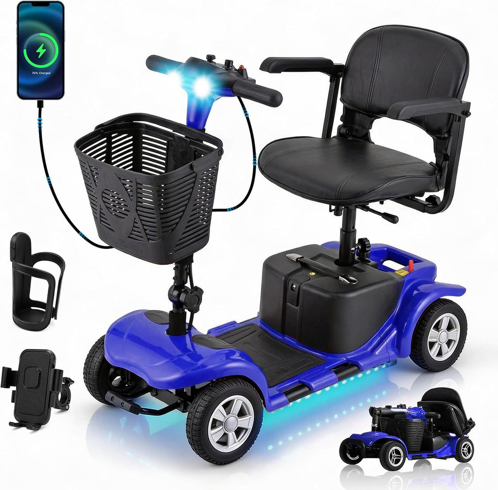 SUNDERWELL Mobility Scooters for Seniors & Adults, Compact Foldable Mobility Scooter with Tool-Free Disassembly, 15 Miles Electric Powered Mobility Scooters with 300 lb Capacity & USB Port (Blue)