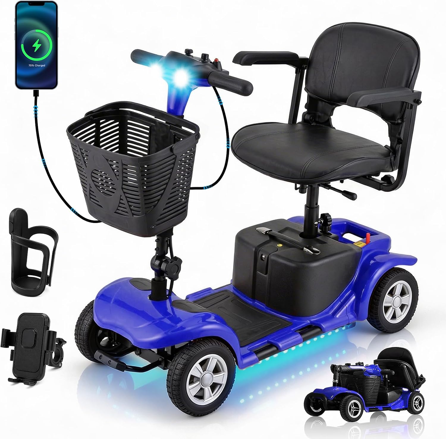 SUNDERWELL Mobility Scooters for Seniors & Adults, Compact Foldable Mobility Scooter with Tool-Free Disassembly, 15 Miles Electric Powered Mobility Scooters with 300 lb Capacity & USB Port (Blue)