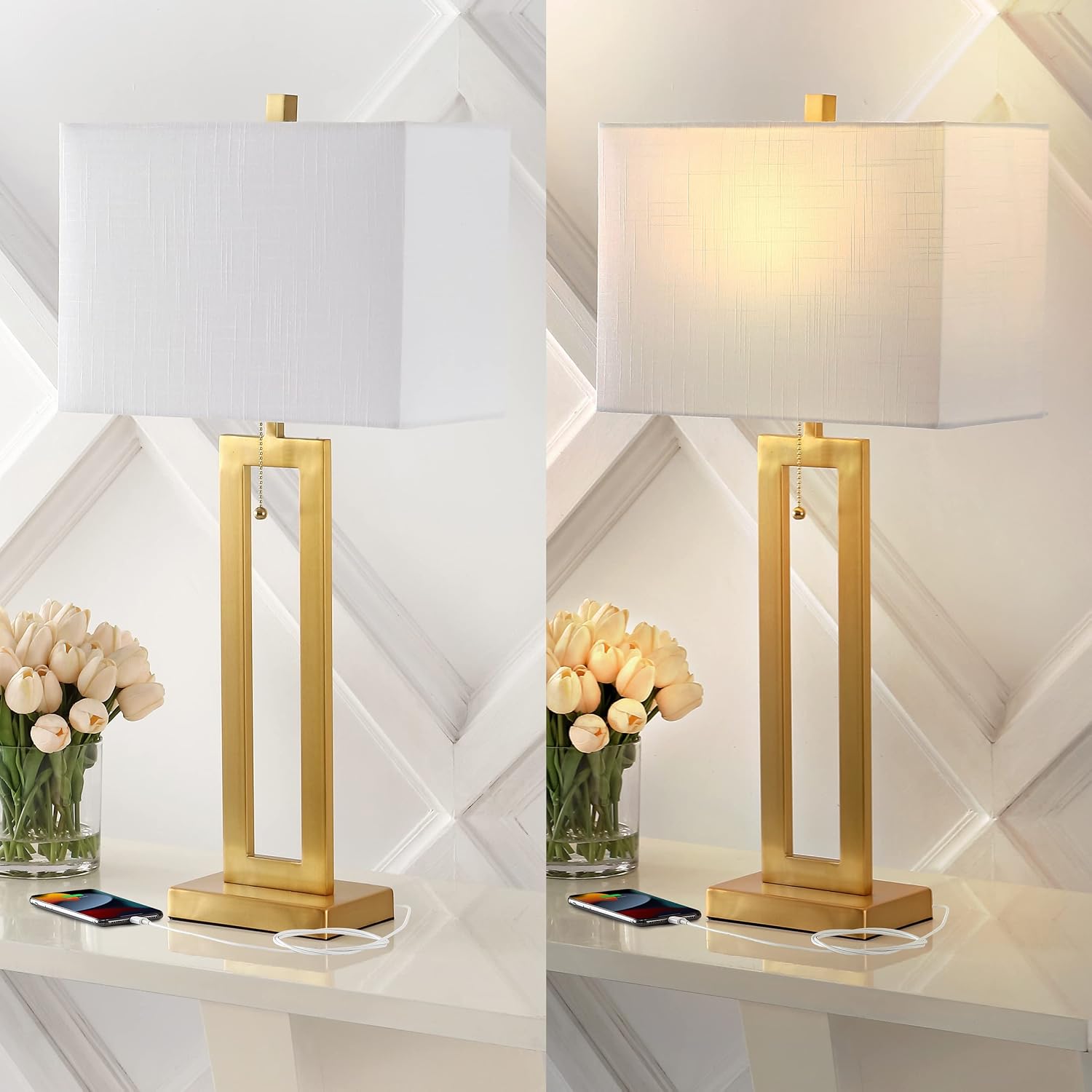 JONATHAN Y 28.5' Brass Gold Table Lamp Set of 2 with USB Port and Pull Chain, Modern Industrial Bedside Lamp for Living Room, Rectangular White Linen Shade, LED Bulb JYL1126A-SET2