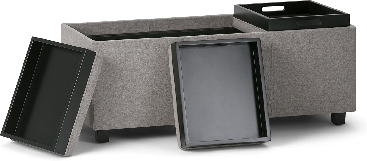 SIMPLIHOME Avalon Storage Ottoman - 42 inch Wide Upholstered Linen Look Fabric Rectangular Flip-Top Ottoman in Cloud Grey, Contemporary Coffee Table Ottoman for Living Room with Hidden Storage