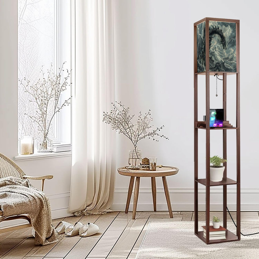 Floor Lamp with Shelves Dragon Shaped Crag Ruined Fortress Monochromatic Art Standing Tall Lamp USB Ports & Power Outlet Modern Corner Lamp Nightstand Light for Living Room Bedroom