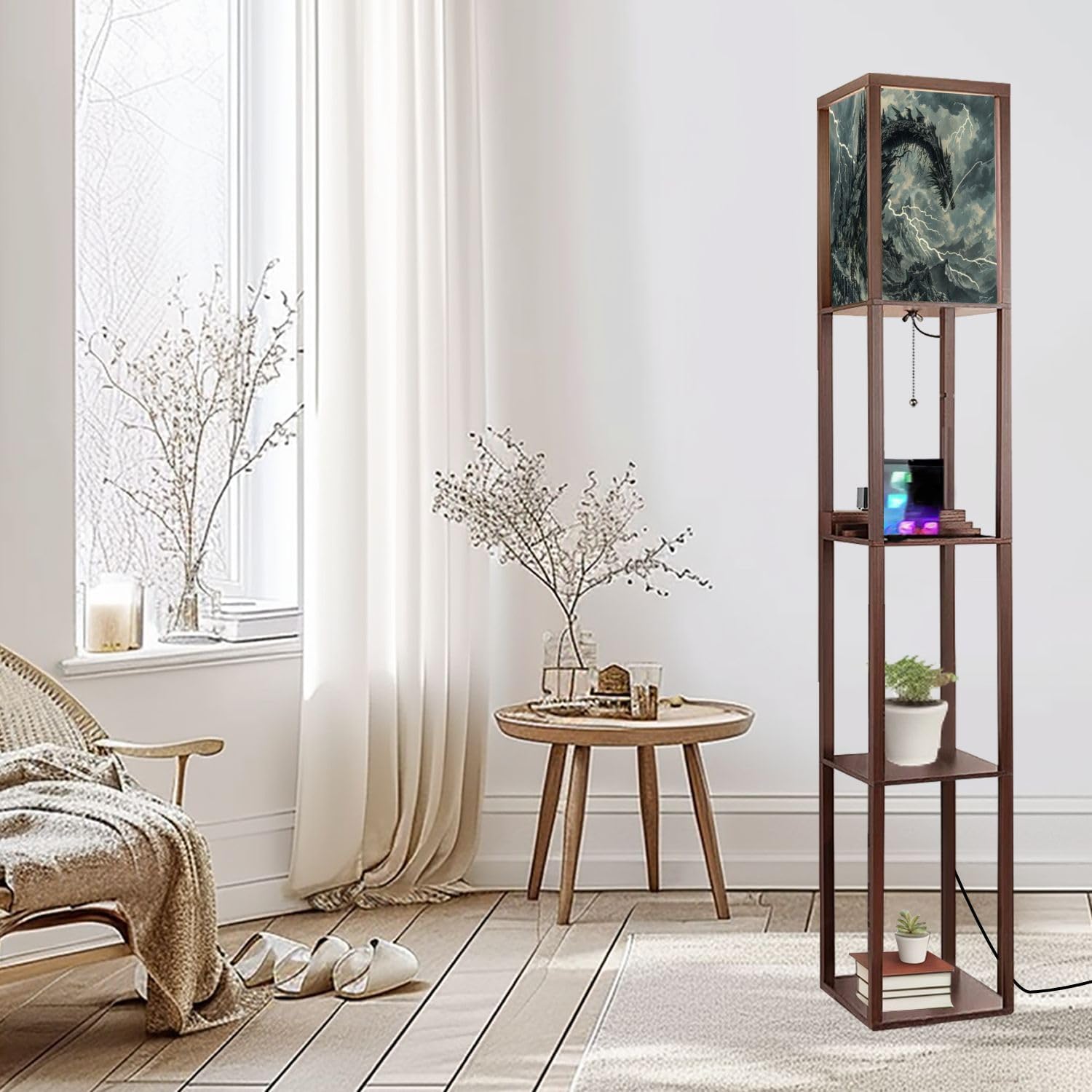 Floor Lamp with Shelves Dragon Shaped Crag Ruined Fortress Monochromatic Art Standing Tall Lamp USB Ports & Power Outlet Modern Corner Lamp Nightstand Light for Living Room Bedroom