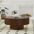Round Fluted Coffee Table Mid Century Modern Coffee Tables with Handcrafted Relief Circle Drum End Table Rustic Industrial Center Tables for Apartment Living Room (Brown Round)