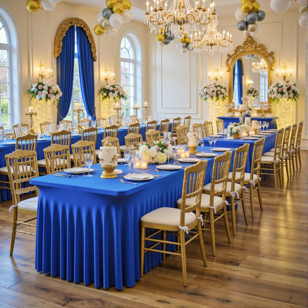 6 Pack Royal Blue Spandex Tablecloths for 8 Foot Rectangle Tables, Wrinkle Free Fitted Tablecover 8ft Stretchy Table Cloth with Skirt for Weddings Birthday Party Banquet Baby Shower
