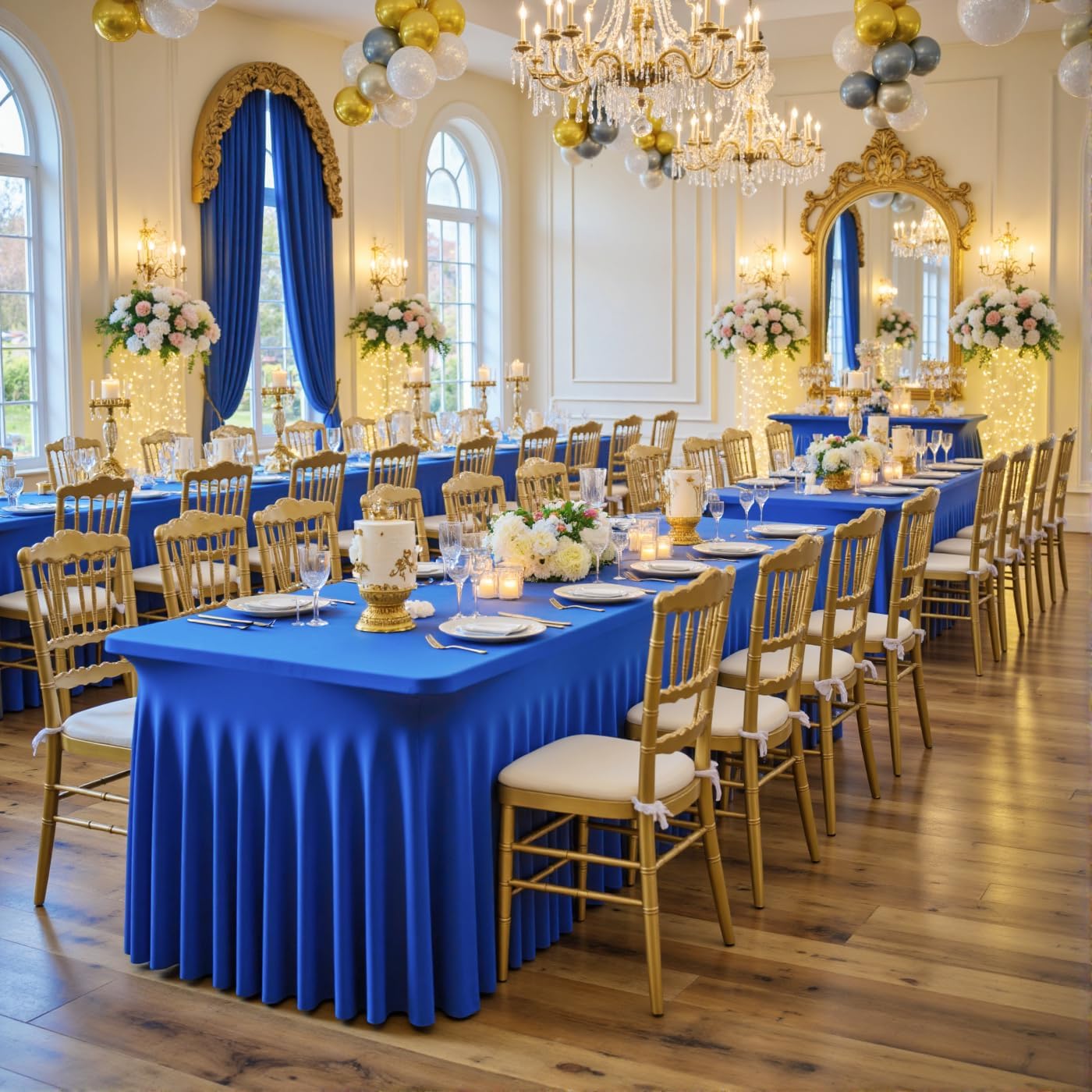 6 Pack Royal Blue Spandex Tablecloths for 8 Foot Rectangle Tables, Wrinkle Free Fitted Tablecover 8ft Stretchy Table Cloth with Skirt for Weddings Birthday Party Banquet Baby Shower