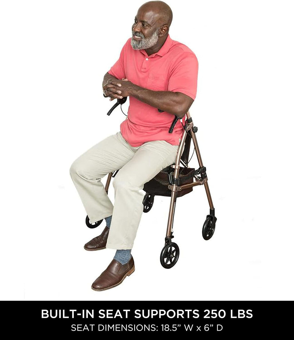 Signature Life Elite Travel Rollator, Lightweight Folding Mobility Aid for Adults, Seniors, and Elderly, 4-Wheel Rolling Walker with Seat, Height Adjustable Handles with Locking Brakes and Pouch