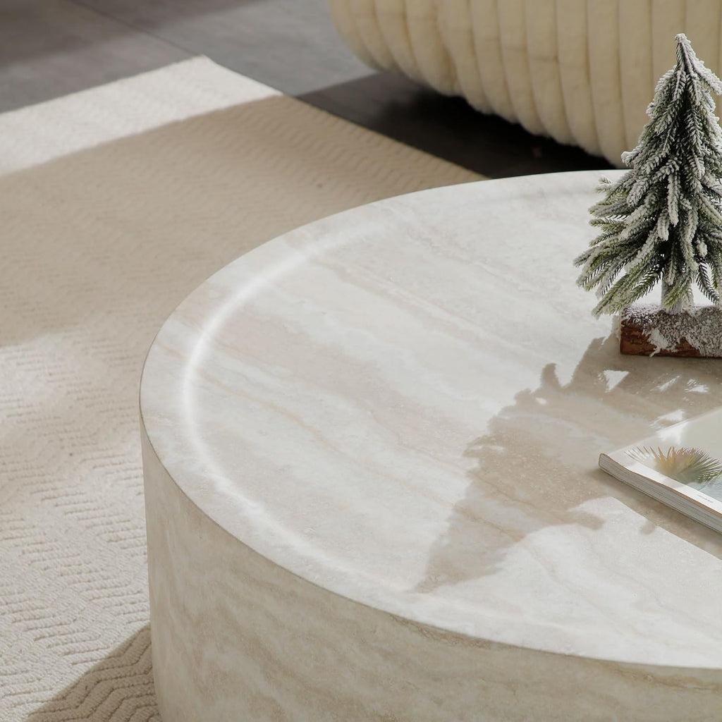 31.49' Faux Marble Coffee Table for Living Room, Travertine Stone Pattern Modern Drum Circle Round Center Table for Living Room, Apartment, Office, Fiberglass, No Assembly, Beige