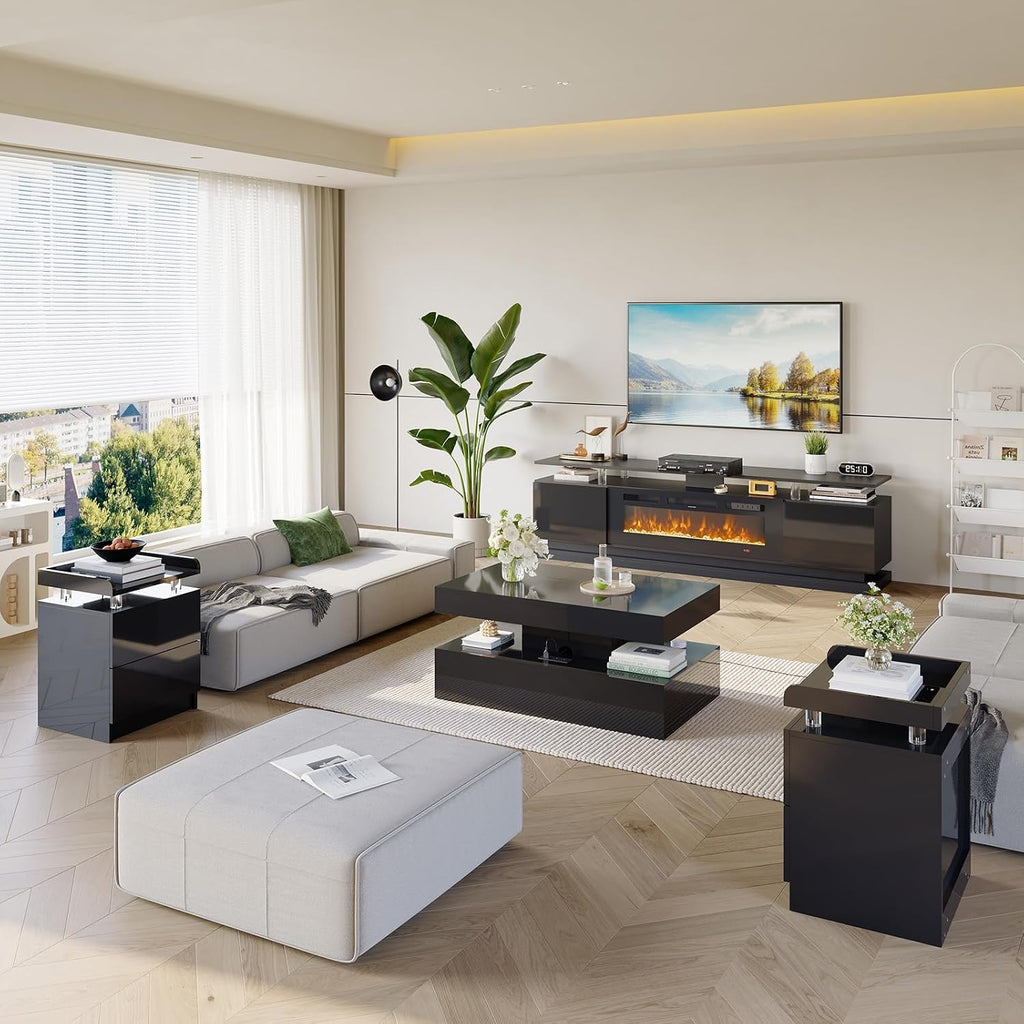 4-Piece Modern Living Room Table Set, Includes High Gloss 70' Fireplace TV Stand, 39' LED Coffee Table and 15' End Tables Set of 2 with Storage Drawers, Black