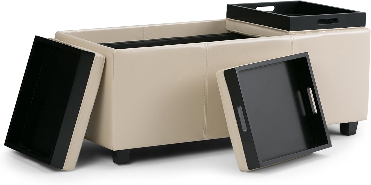 SIMPLIHOME Avalon Storage Ottoman - 42 inch Wide Upholstered Vegan Leather Rectangular Flip-Top Ottoman in Satin Cream, Contemporary Coffee Table Ottoman for Living Room with Hidden Storage