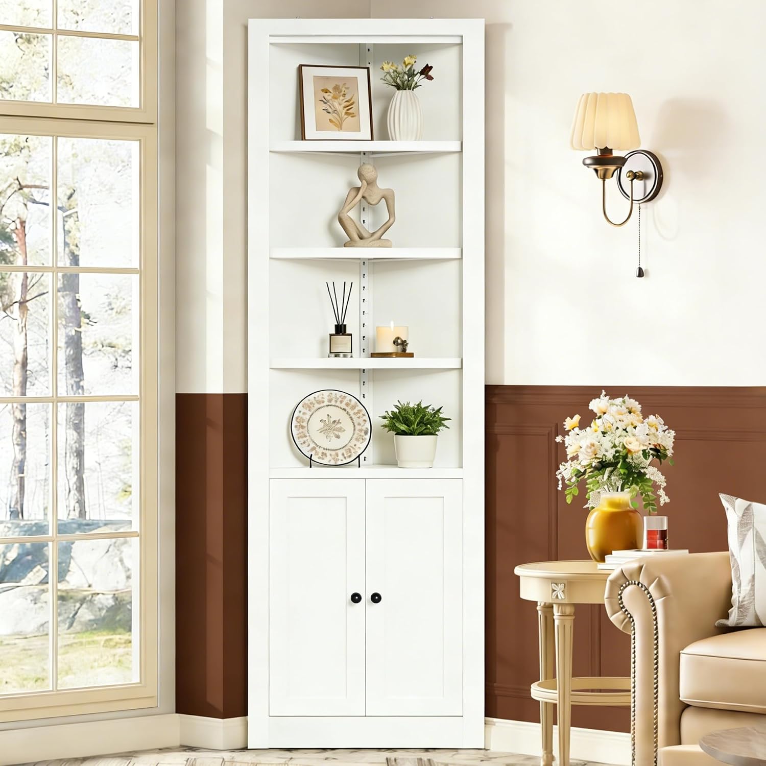 Metal Pantry Storage Cabinet with 4 Adjustable Shelves, 71' Tall Corner Cabinet for Bathroom, Corner Shelf Cabinet for Kitchen, Dining Room, Living Room, Assembly Required(White)
