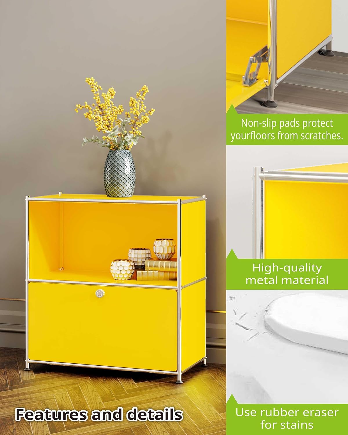 32.5-Inch Flip-Top Storage Cabinet with Detachable Wheels, Metal Side Table and Small Sideboard Cabinet for Living Room, Bedroom, Office, Orange