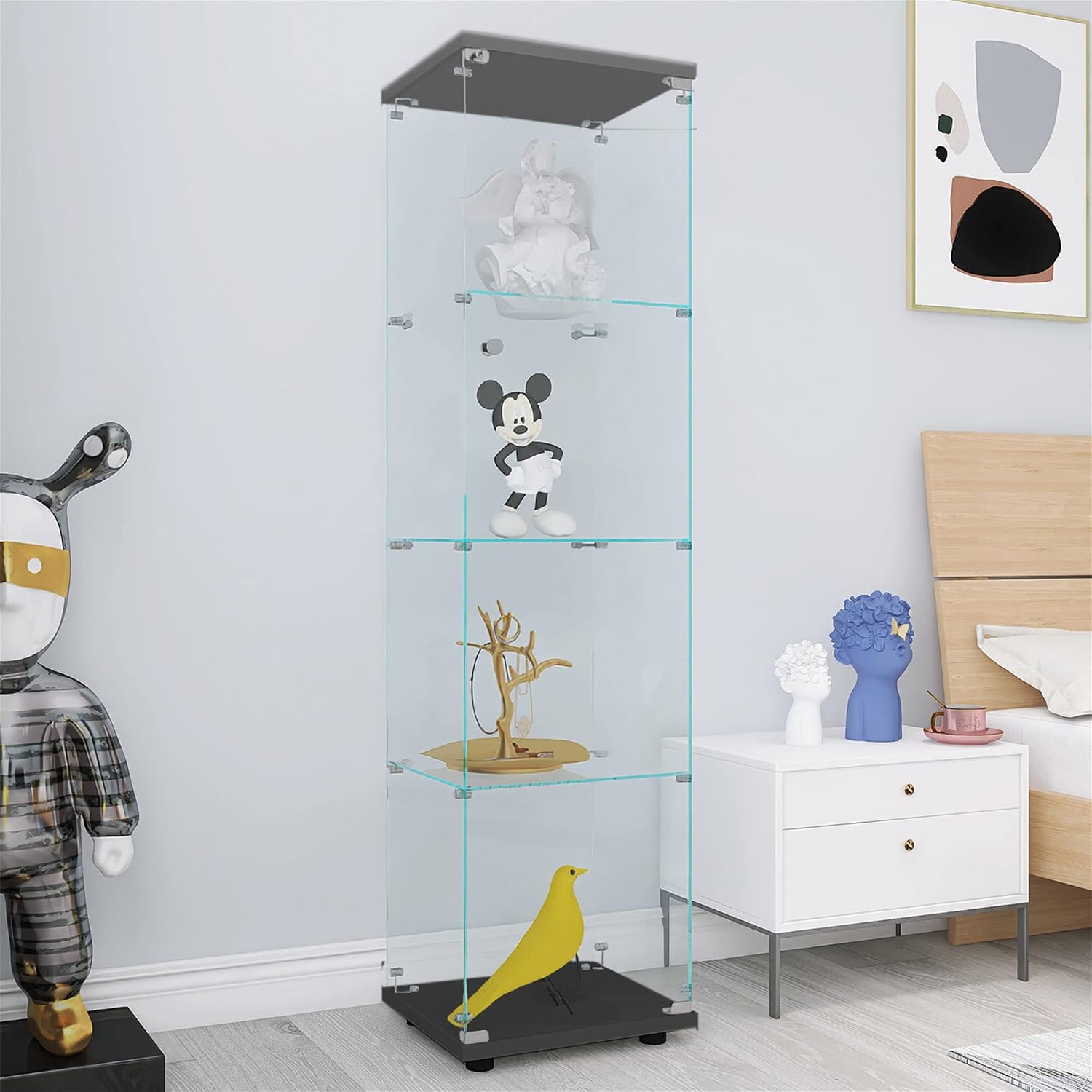 64' 4 Shelves Display Cabinet with One Door,Floor Standing Corner Curio Glass Cabinets Case W/Locks,Transparent Full Viewing Angle Bookshelf for Living Room,Bedroom,Black