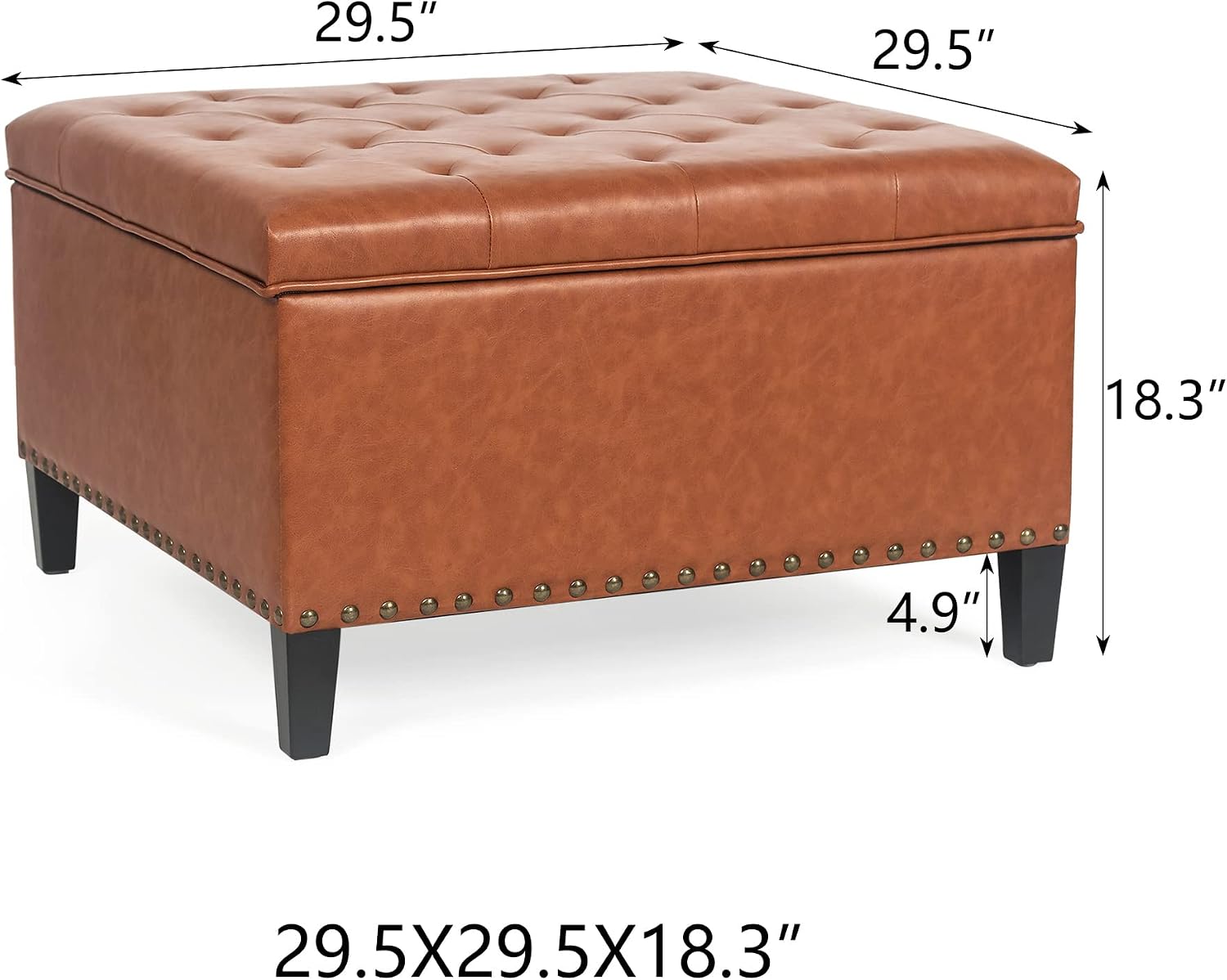 Homebeez Faux Leather Storage Ottoman Bench, Square Coffee Table Footstool Footrest with Wood Legs for Living Room (Cognac Brown)
