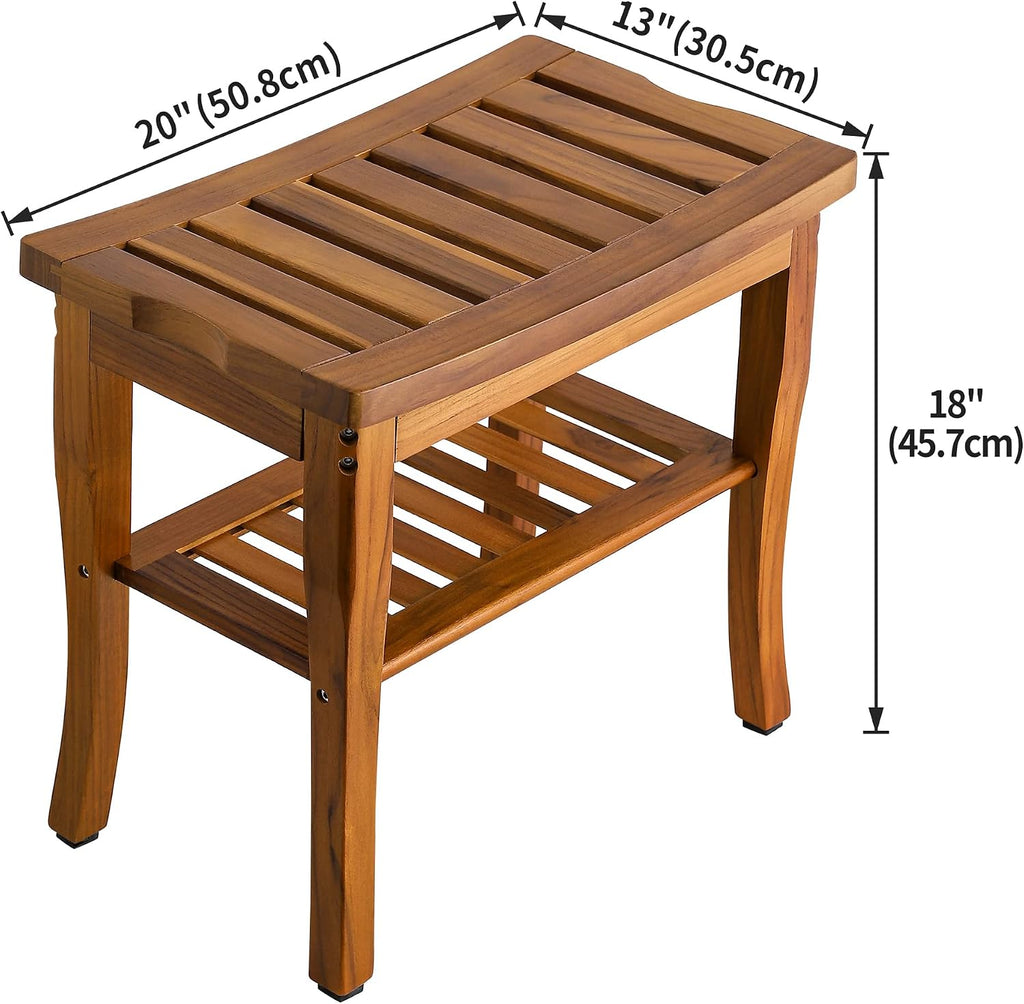 VaeFae Teak Shower Bench, Spa Bath Shower Stool with Storage Shelf, Wooden Seat Stool for Bathroom